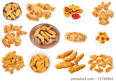 set of various deep fried chicken pieces isolated 72789968
