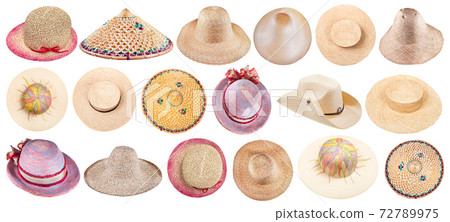 collection of various summer straw hats isolated 72789975