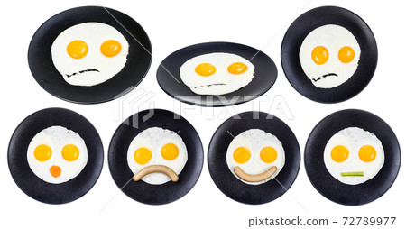 set of various fried eggs with faces isolated 72789977