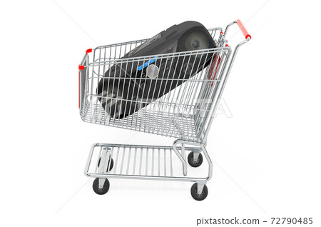 Modern CD Boombox with AM/FM Stereo Radio inside shopping cart, 3D rendering 72790485