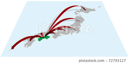 From Shikoku to the whole country Three-dimensional arrow on Japanese map B Vector illustration background transparent From Shikoku to the whole country Three-dimensional arrow on Japanese map B Vector illustration background transparent 72793127