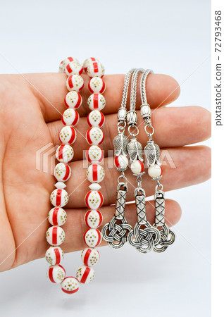 On hand red white and silver beads sequenced, short rosary, tespih tesbih 72793468