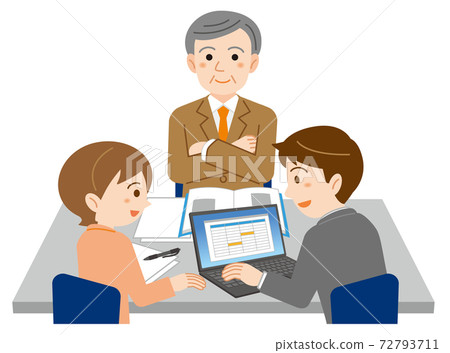 Men and women in suits having a meeting with their boss in the office / white background 72793711