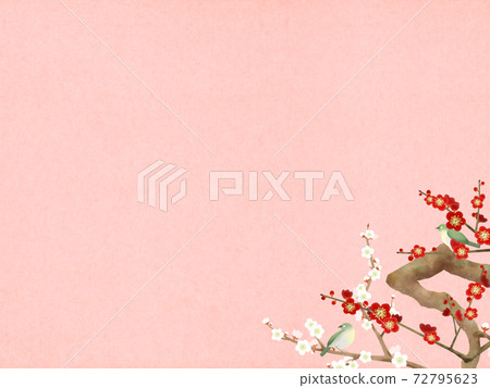 Japanese paper background with plum blossoms and small birds-there are multiple variations 72795623