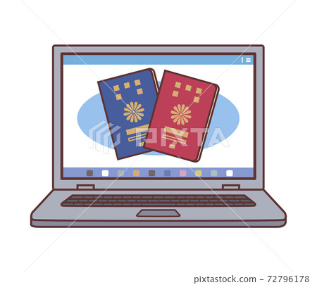 PC屏幕上顯示的護照插圖（可提供電子護照應用程序/線路） 72796178