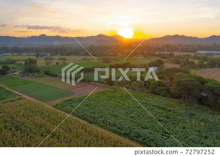 Aerial view of hotel resort with green mountain hill. Nature landscape background in Khao Yai, Nakhon Ratchasima, Thailand. 72797252