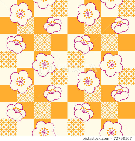 Seamless pattern with white plum blossoms lined up in a yellow checkered pattern with a cloisonne pattern Seamless pattern with white plum blossoms lined up in a yellow checkered pattern with a cloisonne pattern 72798167
