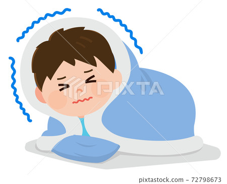 Illustration of a boy wrapped in a futon that gets cold and scared 72798673