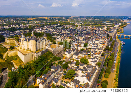 Drone view of ancient Chateau and church in Saumur , France Drone view of ancient Chateau and church in Saumur , France 72800825