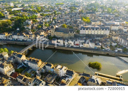 Aerial view of French town of Laval with medieval Chateau Aerial view of French town of Laval with medieval Chateau 72800915