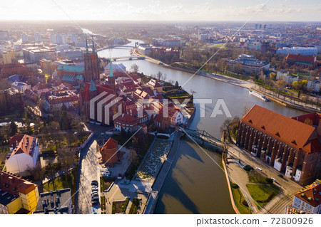 Aerial view on the city Wroclaw and gothic cathedral. Poland Aerial view on the city Wroclaw and gothic cathedral. Poland 72800926