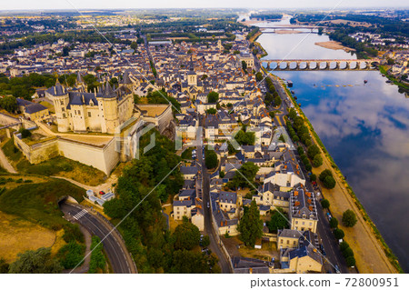 Aerial view of Saumur with ancient Chateau and Cessart bridge, France 72800951