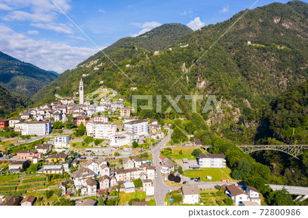 General view of Intragna village in Swiss Alps in summer General view of Intragna village in Swiss Alps in summer 72800986