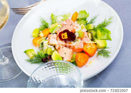 Tasty seafood ceviche from salmon with avocado, green dill and cumquat 72801007