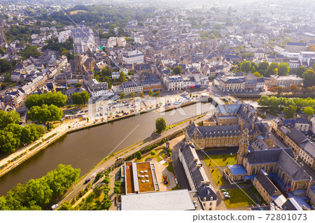 Aerial view of Lannion city with buildings and Lege river 72801073