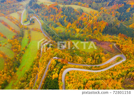 Aerial view of the autumn forest and road between the hills. Czech Republic 72801158