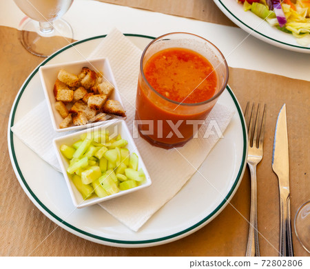 Gazpacho in glass spanish tomato based cold vegetable soup Gazpacho in glass spanish tomato based cold vegetable soup 72802806