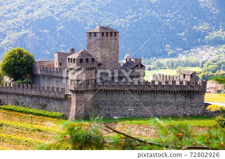 View of antique Castles of Bellinzona, Switzerland View of antique Castles of Bellinzona, Switzerland 72802926