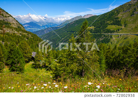 Views from Simplon Pass of Swiss Alps landscape in summer 72802938