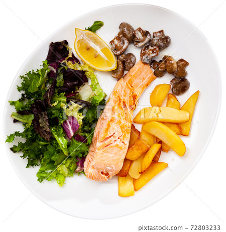 Fried salmon with fried potatoes and mushrooms, nobody 72803233