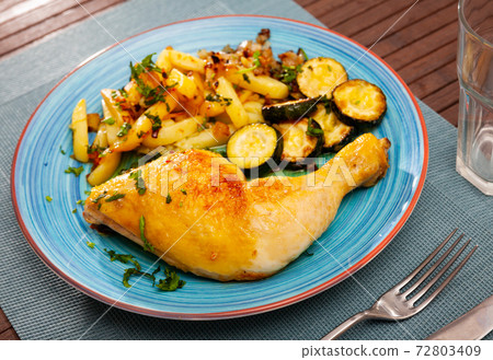 Tasty baked chicken potatoes and zucchini at plate Tasty baked chicken potatoes and zucchini at plate 72803409