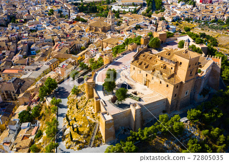 Aerial view of Caravaca de la Cruz overlooking fortress and basilica, Spain 72805035