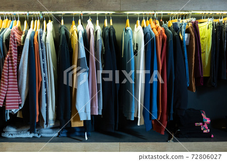 Variety of casual men clothes in shop Variety of casual men clothes in shop 72806027