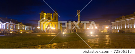 Panorama of Unirii Square with Roman Catholic Dome and Trinity Column at night 72806113