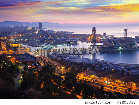 View to Barcelona and Mediterranean in dawn View to Barcelona and Mediterranean in dawn 72806355