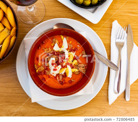 Bowl of cold porra antequerana, Spanish cuisine 72806485