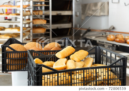 white bread in black baking box in bakery 72806539