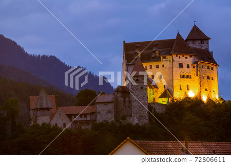 Night view of Gutenberg Castle in Balzers village, Liechtenstein 72806611