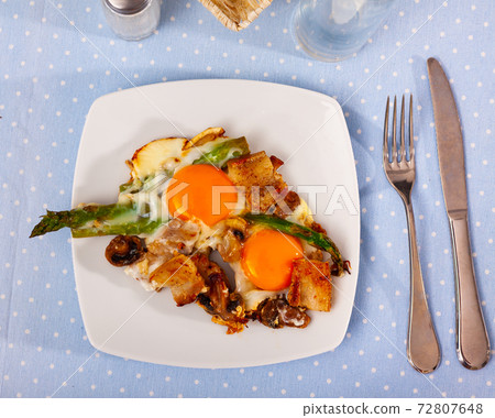 Fried eggs with mushrooms, bacon and asparagus for breakfast Fried eggs with mushrooms, bacon and asparagus for breakfast 72807648
