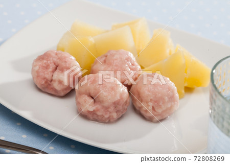 Diet food, tasty steamed meatballs with potatoes at plate Diet food, tasty steamed meatballs with potatoes at plate 72808269