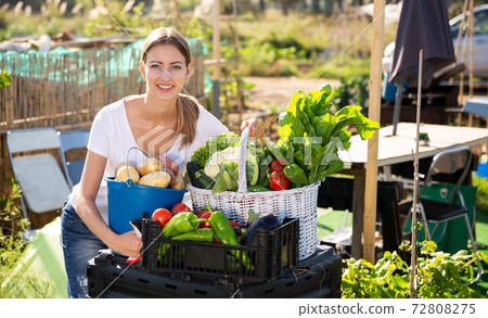 Young woman gardener with harvest of vegetables and greens 72808275