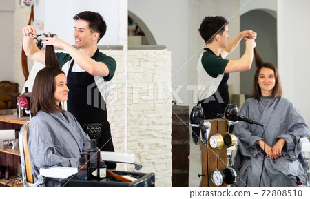 Man professional hairdresser cut female's hair in salon Man professional hairdresser cut female's hair in salon 72808510