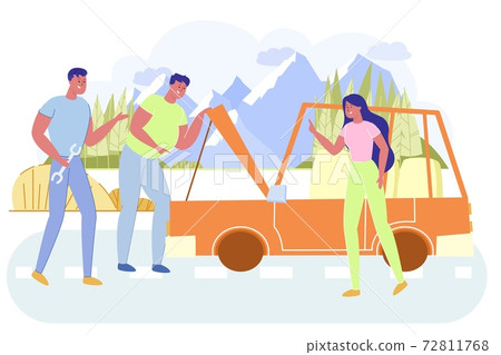 Friends Have Problem with Car on Countryside Road. Friends Have Problem with Car on Countryside Road. 72811768