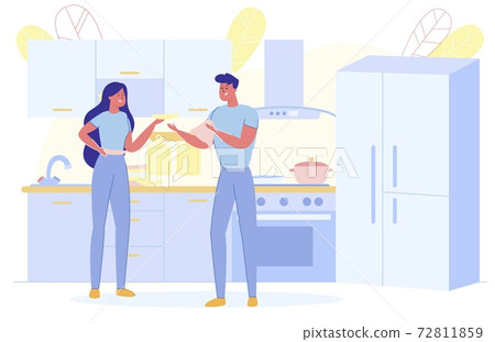 Couple Talking in Kitchen Interior, Furniture. 72811859