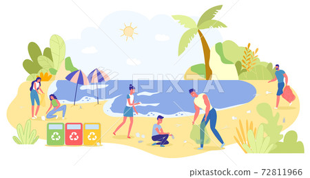 Volunteers Cleaning Sea Beach Collecting Trash 72811966