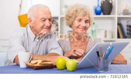 Happy elderly pair using laptop at home 72812165