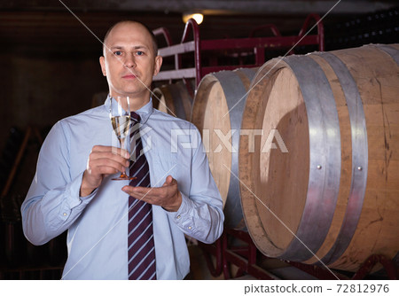 Confident winemaker offering glass of white sparkling wine for tasting in wine cellar Confident winemaker offering glass of white sparkling wine for tasting in wine cellar 72812976