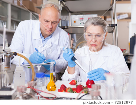 Scientists taking notes while checking agricultural products Scientists taking notes while checking agricultural products 72812977