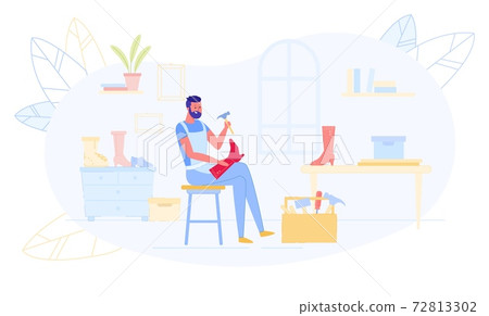 Shoemaker Sitting at Workplace Mending Boots. 72813302