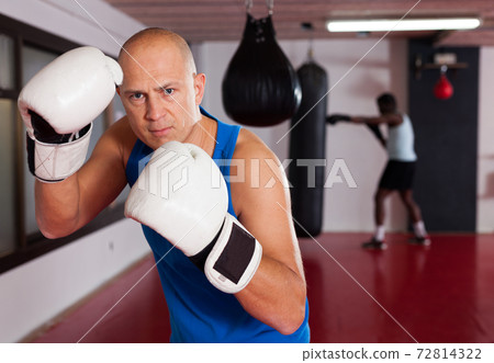 Portrait of boxer wearing gloves at boxing hall Portrait of boxer wearing gloves at boxing hall 72814322