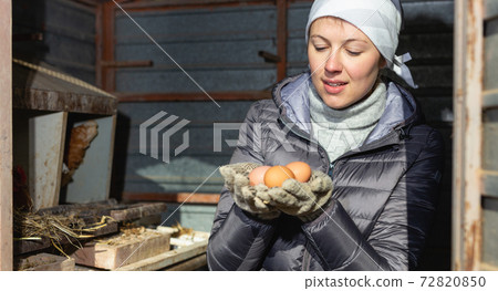 Female near hen house with chicken eggs 72820850