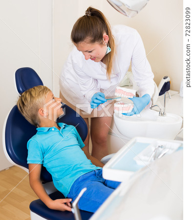 Young doctor in white is telling about hygiene Young doctor in white is telling about hygiene 72823099