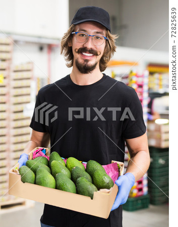 Man worker showing fresh avocado at factory 72825639