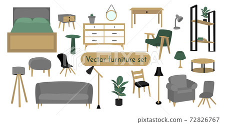 Vector colored doodle set of furniture, decor and lighting for the living room or dining room isolated on a white background. Items for interior design in scandinavian, modern or mid-centure style. Vector colored doodle set of furniture, decor and lighting for the living room or dining room isolated on a white background. Items for interior design in scandinavian, modern or mid-centure style. 72826767