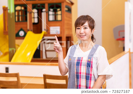 A woman in an apron wearing a transparent mask A woman in an apron wearing a transparent mask 72827187
