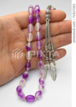 On hand purple and silver beads sequenced, short rosary, tespih tesbih 72827261